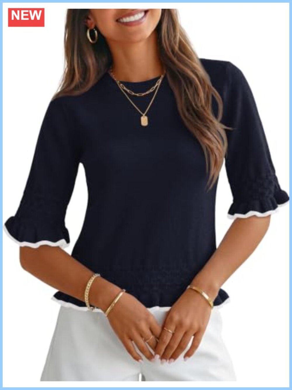 3/4 Sleeve Ruffle Peplum Sweater Crewneck Knit Pullover for Women
